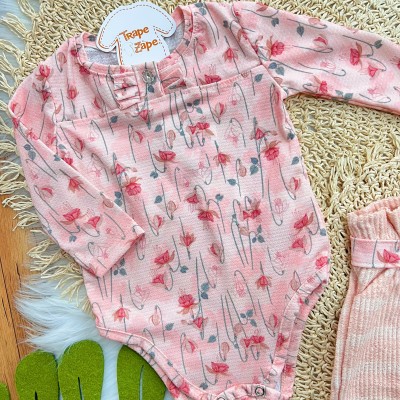 Conj. Body Manga Longa Floral e Calça com Cinto - Rosa e Pêssego 